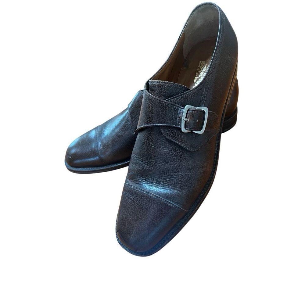 Salvatore Ferragamo Dark Brown Leather Plain Toe Monk Strap Oxford Size 11.5 D
